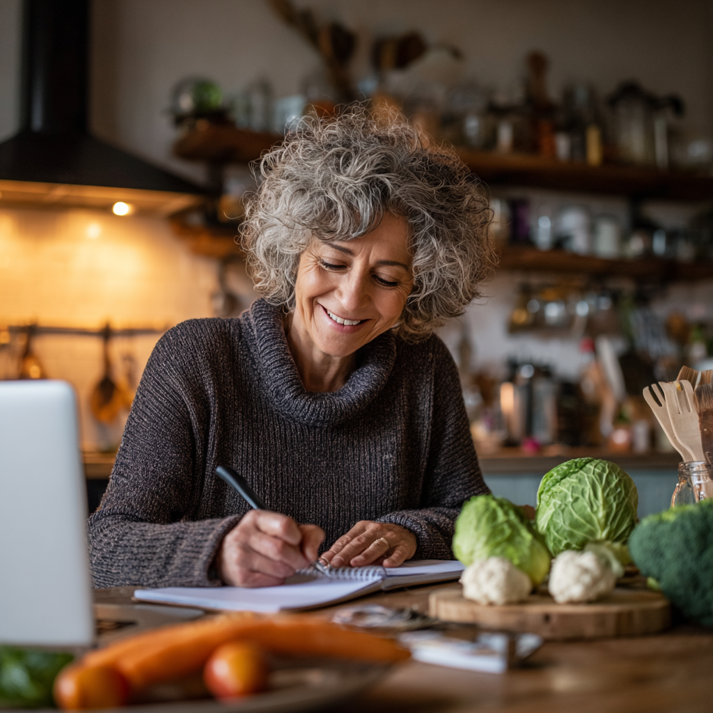 50 years old woman planning healthy meals at kitchen table