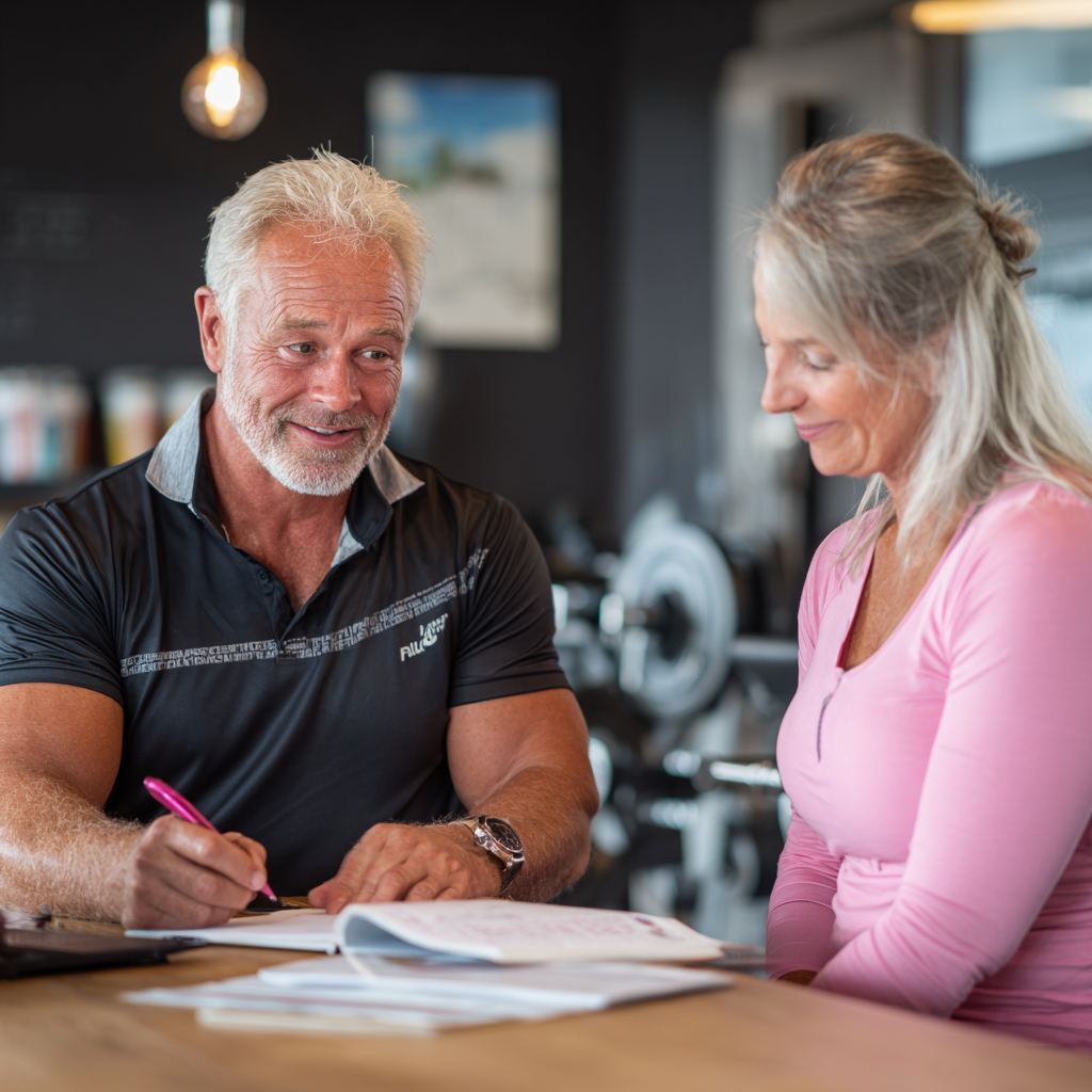 51 years old nutritionist consulting with 50 years old client